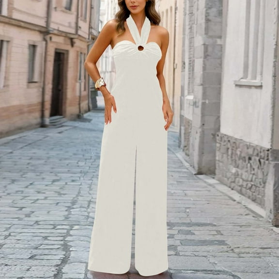 Women's Summer Jumpsuits Casual Sleeveless Jumpsuit Dstring Elastic Waist Romper Pajama with Pockets White L