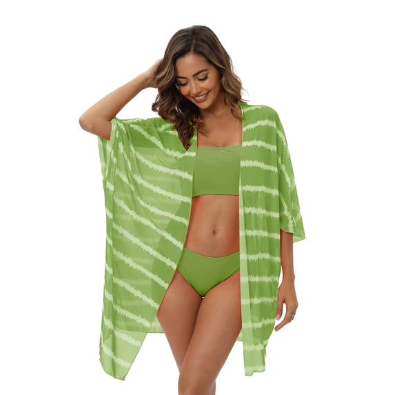Clearance Sale Women's 3 Piece Swimsuit Bandeau Bikini Set Strapless Swimsuit Top + Mid Rise Panties + Striped Kimono Chiffon Cardigans Cover Up Three Piece Bathing Suits XS-XL
