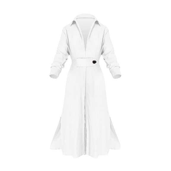Women's Casual Dresses,Women's High Waisted Button Flip Collar V-Neck Solid Color Waistband Long Sleeved Irregular Shirt Dress White 3Xl