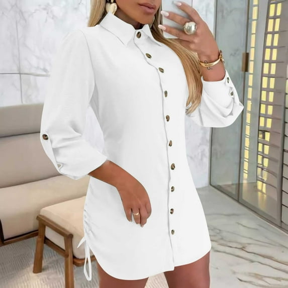 Women's Casual Dresses,Women's Long Sleeved Solid Color Button Up Collar with Drawstring on Both Sides Shirt Dress White M