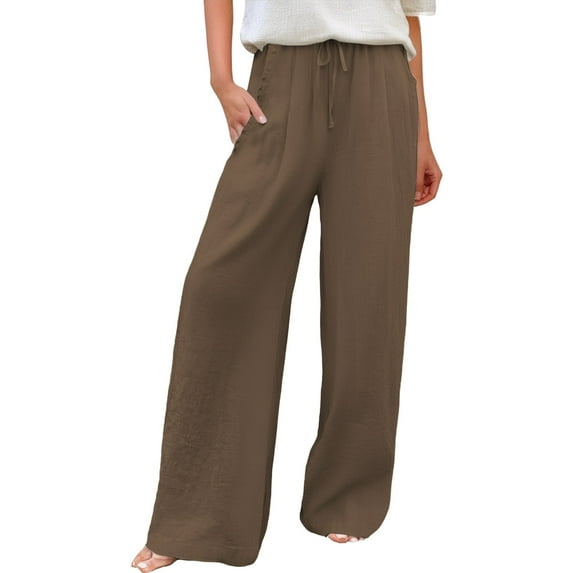 Women's Cotton Linen Palazzo Pants High Waist Wide Leg Baggy Casual Comfortable Breathable Spring Autumn Loose Fit Versatile Trousers Brown XXL Size