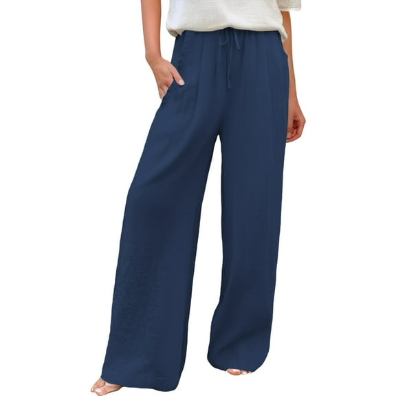 Women's Cotton Linen Palazzo Pants High Waist Wide Leg Baggy Casual Comfortable Breathable Spring Autumn Loose Fit Versatile Trousers Navy XXXXXXL Size