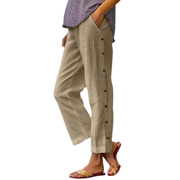 Women's Cotton Linen Pants Elastic Waist Casual Comfortable Beach Trousers Button Down Sides Leisure Wear Fashion Comfort Fit Khaki S Size