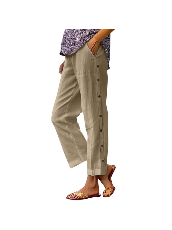 Women's Cotton Linen Pants Elastic Waist Casual Comfortable Beach Trousers Button Down Sides Leisure Wear Fashion Comfort Fit Khaki S Size