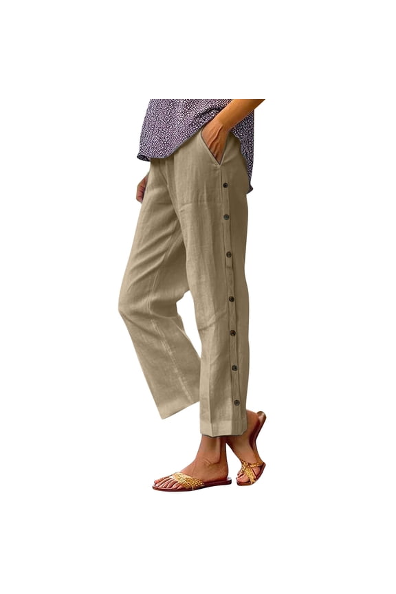 Women's Cotton Linen Pants Elastic Waist Casual Comfortable Beach Trousers Button Down Sides Leisure Wear Fashion Comfort Fit Khaki S Size
