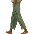thumbnail image 1 of Women's Cotton Linen Pants Elastic Waist With Side Buttons Casual Beach Trousers Comfortable Breathable Lounge Wear For Vacation Walking Travel Summer Green XXL Size, 1 of 6