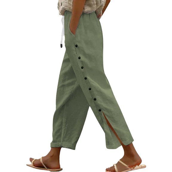 Women's Cotton Linen Pants Elastic Waist With Side Buttons Casual Beach Trousers Comfortable Breathable Lounge Wear For Vacation Walking Travel Summer Green XXL Size