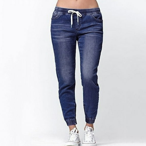 Clearance Sale! Women's Denim Stretch Joggers Drawstring Elastic Waist Pull on Jeans Casual Baggy Jeans Cropped Low-Rise Jeans with Pockets Dark Blue 3Xl