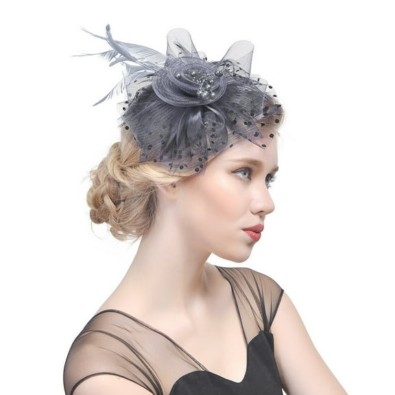Clearance Sale!! Women's Fascinators, Feathers Tea Party Hat, Veil Headband with Hair Clip for Flower Headband Ribbons Feathers Headwear Women Mesh Tea Hat Party Bridal Grey One Size