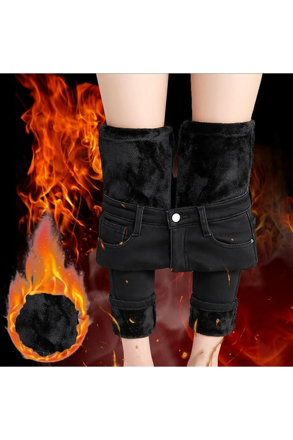 Women's Fleece Lined Jeans Thermal Flannel Lined Jeans Winter Warm Thicken Skinny Stretch Denim Pants High Waisted Jeans Black L