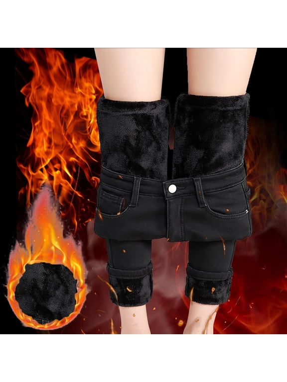 Clearance Sale! Women's Fleece Lined Jeans Thermal Flannel Lined Jeans Winter Warm Thicken Skinny Stretch Denim Pants High Waisted Jeans Black M