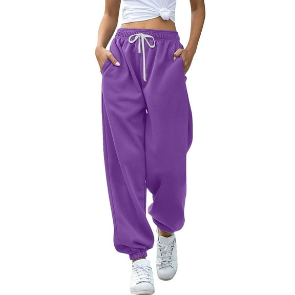 Clearance Sale! Women's High Waist Tapered Joggers With Pockets Lightweight Lounge Pants Elastic Waist Comfy Workout Yoga Casual Athletic Sweatpants For Women Purple XL Size