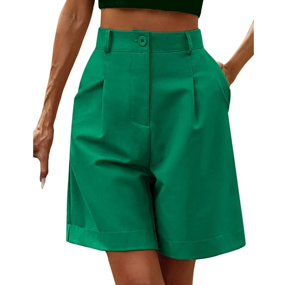 Clearance Sale! Women's High Waist Wide Leg Bermuda Shorts Casual Knee Length Shorts With Pockets Elastic Waist Summer Wear Stretchy Fit Green XXL Size