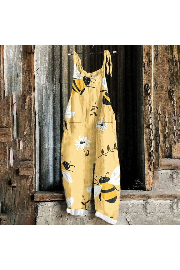 Women's Jumpsuit Bee Festival Print Dual Pocket Jumpsuit Loose Floral Print Bohemian Wide Leg Bib Overall Yellow B XL
