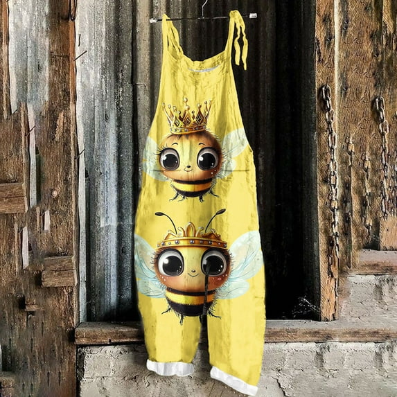 Clearance Sale Women's Jumpsuit Bee Festival Print Dual Pocket Jumpsuit Loose Floral Print Bohemian Wide Leg Bib Overall Yellow C XXL