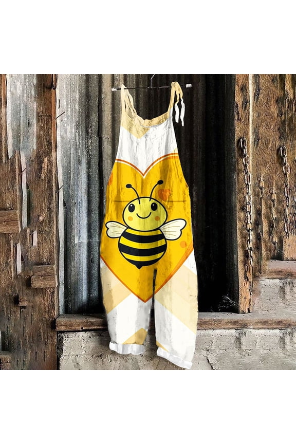 Women's Jumpsuit Bee Festival Print Dual Pocket Jumpsuit Loose Floral Print Bohemian Wide Leg Bib Overall Yellow L