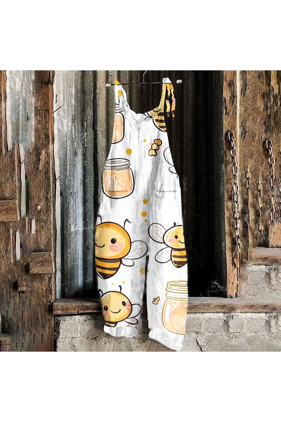 Women's Patchwork Dual Pocket Jumpsuit Loose Floral Print Bohemian Wide Leg Bib Overall White XL