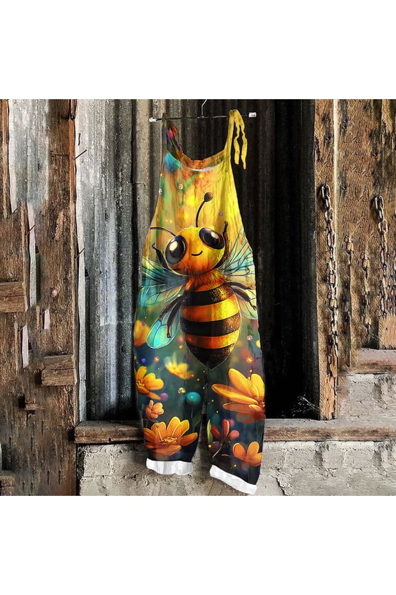 Clearance Sale Women's Patchwork Dual Pocket Jumpsuit Loose Floral Print Bohemian Wide Leg Bib Overall Yellow M