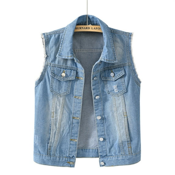 Clearance Sale! Jean Vest for Women Multi Color Denim Vest Female Short Spring and Summer Slim Thin Burlap Sleeveless Shoulders Broken Holes Vest Jacket Light Blue 7Xl