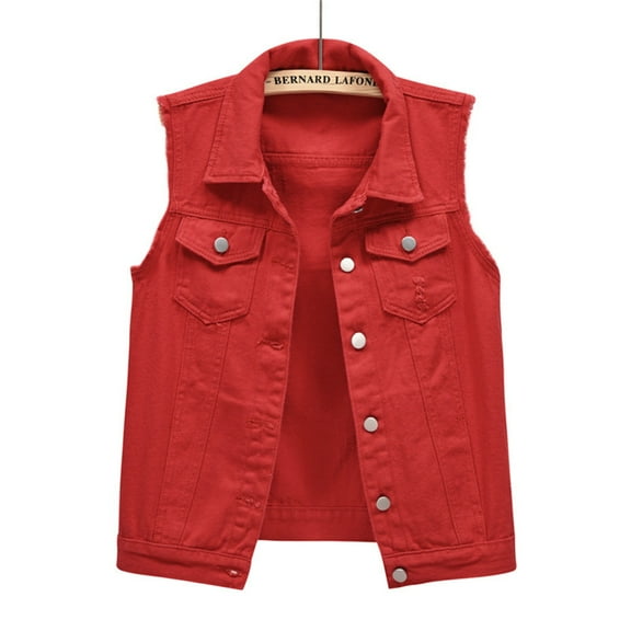Clearance Sale!! Women's Ripped Lapel Collar Button Up Sleeveless Frayed Denim Vest Jacket Lightweight Cropped Jean Jackets Vest for Women Red XXL