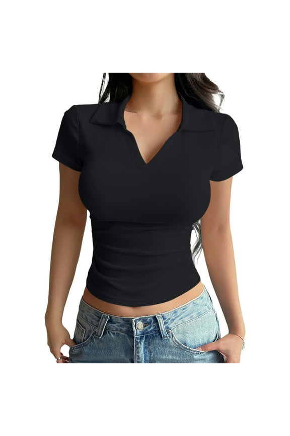 Clearance Sale!! Women's Short Sleeve Business Casual Tops Summer V Neck Polo Work Shirts 2025 Fitted Basic Collared Shirt Y2K Going Out Fitted Tops Tight Shirts Work Shirts Basic Collared Shirt