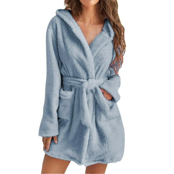 Clearance Sale! Women's Solid Colour Long Sleeve Pocket Hooded Knee Short Plush Pajamas Robe Homewear Bathrobe