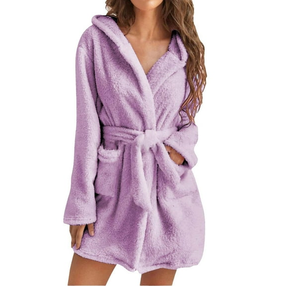 Clearance Sale! Women's Solid Colour Long Sleeve Pocket Hooded Knee Short Plush Pajamas Robe Homewear Bathrobe