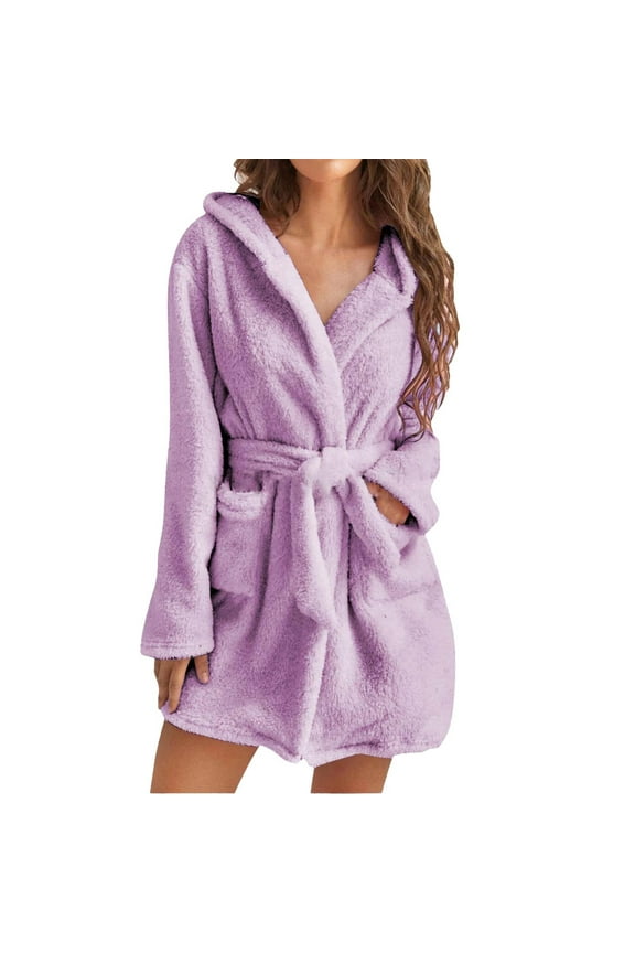 Clearance Sale! Women's Solid Colour Long Sleeve Pocket Hooded Knee Short Plush Pajamas Robe Homewear Bathrobe