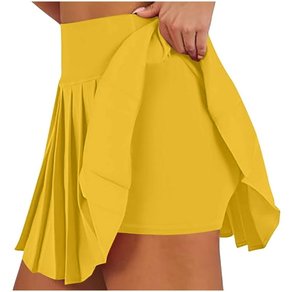 Clearance Sale! Women's Tennis Skirts With Pockets Lightweight Summer Athletic Pleated Skirt With Shorts Underneath Yellow S Size