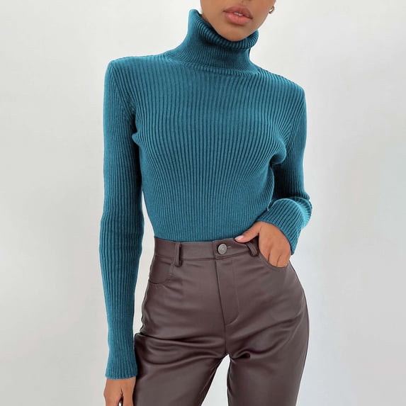Clearance Sale!! Women's Turtleneck Sweaters Long Sleeve Shirts Ribbed Knit Slim Fit Sweaters T Shirt Basic Casual Tee Tops Light blue One size