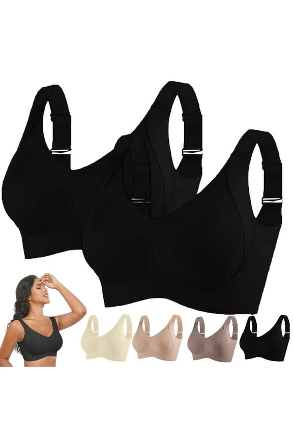 Clearance Sale! Women's Wireless Sports Bra 2-Pack Breathable Ribbed Bralette with Adjustable Straps & Light Padding, Comfortable for Everyday Workouts Black XL Size