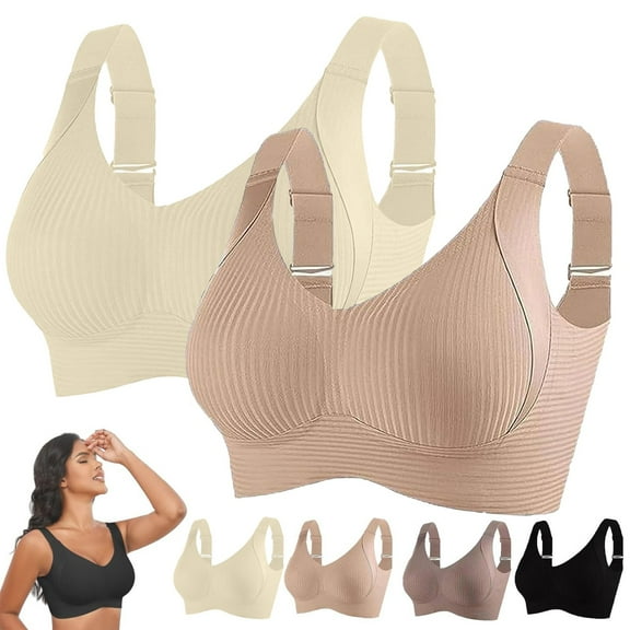 Clearance Sale! Women's Wireless Sports Bra 2-Pack Breathable Ribbed Bralette with Adjustable Straps & Light Padding, Comfortable for Everyday Workouts Clear L Size