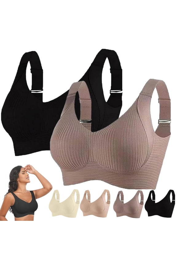 Clearance Sale! Women's Wireless Sports Bra 2-Pack Breathable Ribbed Bralette with Adjustable Straps & Light Padding, Comfortable for Everyday Workouts Khaki L Size
