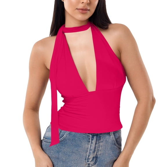 Women's Y2K Crop Top Summer Halterneck Tank Sleeveless Casual Streetwear Fashion Vintage 00s Style Comfortable Breathable Hot Pink M Size