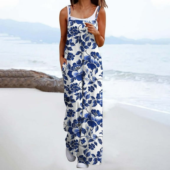 Womens Casual Loose Sleeveless Spaghetti Strap Wide Leg Pants Jumpsuit Rompers Blue L
