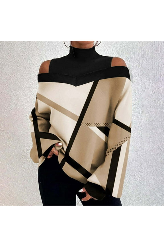 Clearance Sale! Womens Cold Shoulder Mock Neck Sweater Geometric Print Blouses Winter Trendy Turtle Necks Tops Cut Out Sweaters Party Brown L