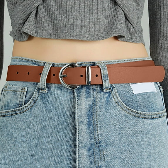 Clearance Sale! Womens Leather Belts for Jeans Dresses Fashion Gold Buckle Ladies Belt Brown One Size