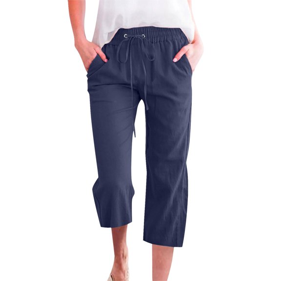 Clearance Sale!! Womens Summer 3/4 Pants Linen Breathable High Waisted Loose Casual Lounge Pant Wide Leg Palazzo Capris with Pockets Fashion Drawstring Elastic Trousers Comfy Straight Leg Long Pants