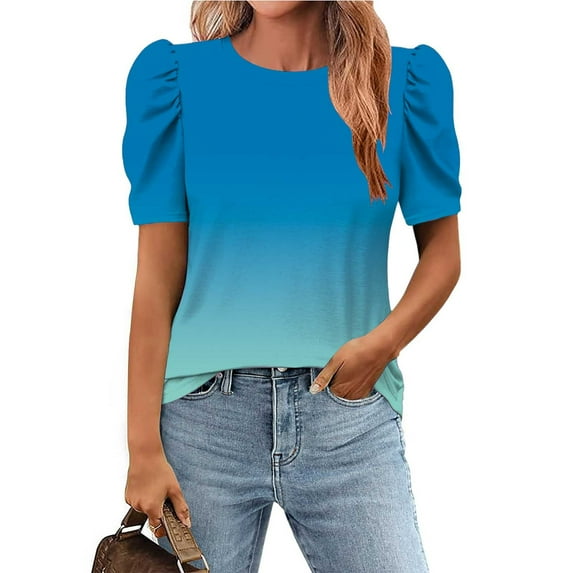 Womens Tops Plus Size Puff Short Sleeve Blouse Trendy Gradient Color Shirt Crew Neck Pullover Summer Tops Tshirts
