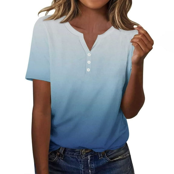 Womens Tops Short Sleeve V Neck Button Shirt Summer Pullover Tops Trendy Gradient Color Shirt Casual Blouse Tshirt