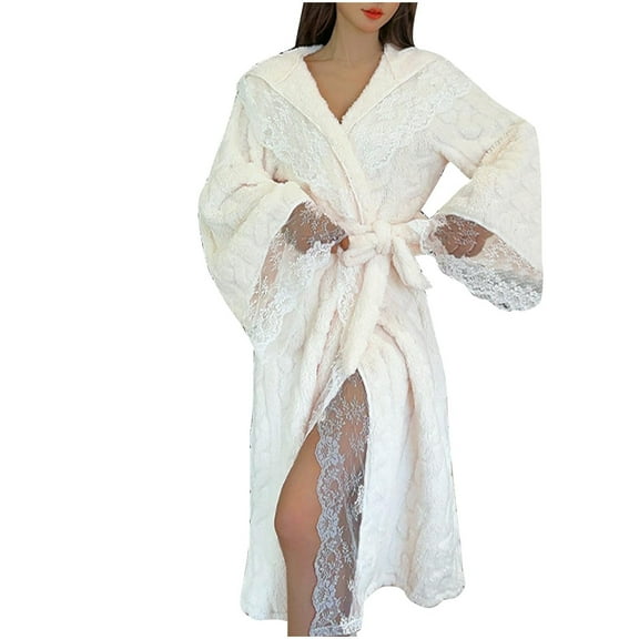 Clearance Sale Womens Winter Warm Robes Solid Color Plush Fleece Hooded Bathrobe Thick Nightgown with Pockets Fluffy Sleepwear White L