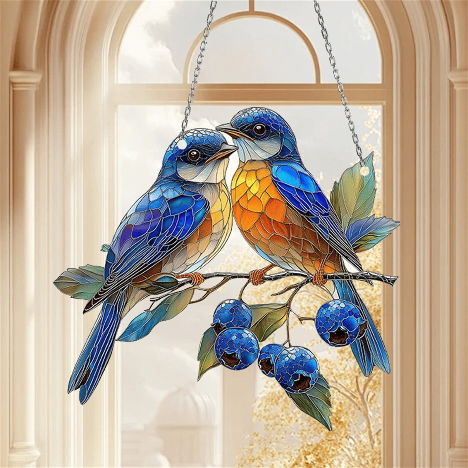 Clearance Sale!Xeedi Room Decor,Home Decor,Blue Bird Stained GlWindow Hanging Bird On Branch Stained GlPlate Suitable for Indoor Window Hanging