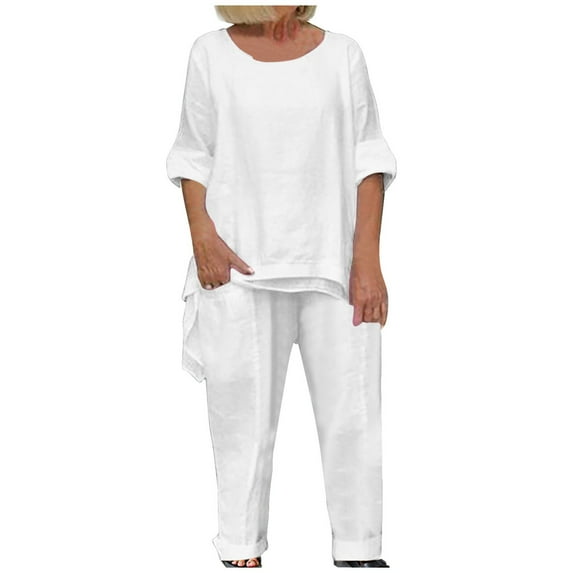 Clearance Sale! pstuiky Two Piece Summer Sets, Women Solid Color Cotton Linen Suit Long Sleeve Crew-Neck Blouse Pant Suit Loose Casual Suit Leisure White L