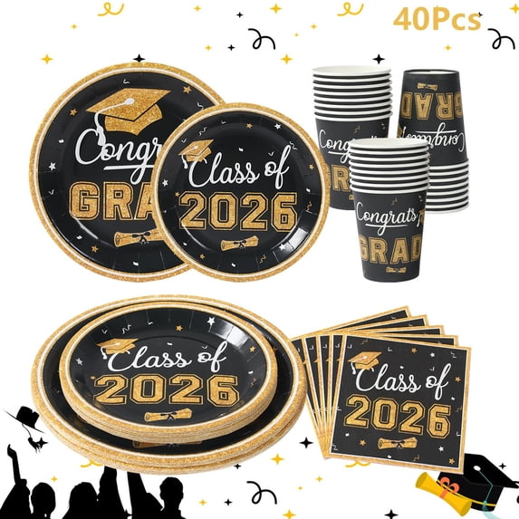 Clearance Sale under $10 Class Of 2026 Black & Gold Graduation Tableware Set Disposable Paper Plates Cups Napkins Kit For Graduation Celebrations