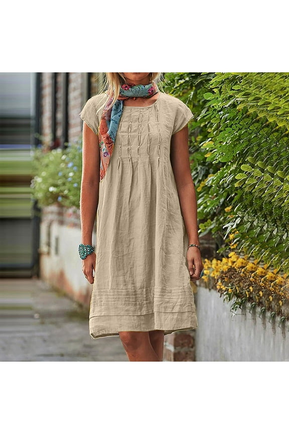 Women's Plus Size Sundress Summer Short Sleeve Crewneck Mini Dress Casual Solid Pleated Knee Length Dress Beach Vacation Clothes