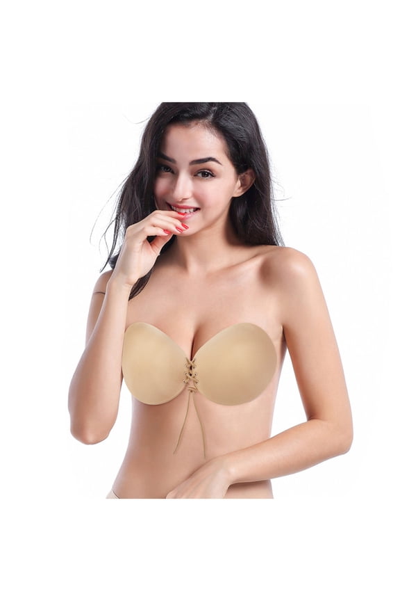 Silicone Adhesive Strapless Bra for Invisible Wear - Ladies Drawstring Gathering Invisible Bra Glossy Breast Stickers Seamless Bra Underwear