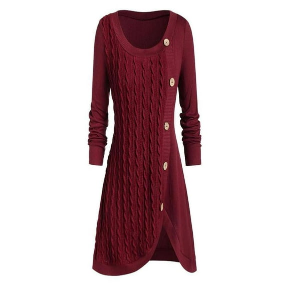 HWRETIE Oversized Knit Sweater with Asymmetric Hem Plus Size Women Long Sleeve Solid Botton Pachwork Asymmetric Tops Sweater Pullover Knit Sweater