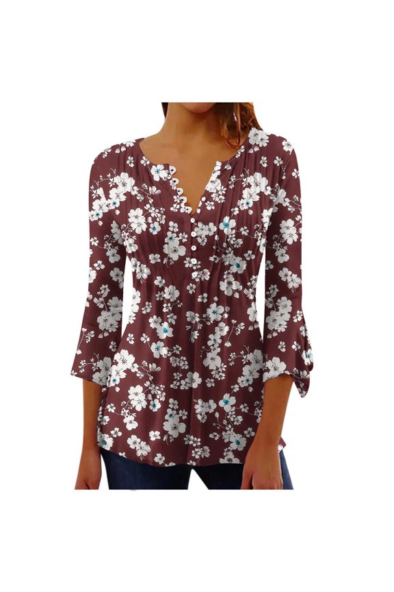 Casual Tops for Women Floral Printed Button Pleated Belted Horn 3/4 Sleeve Tops