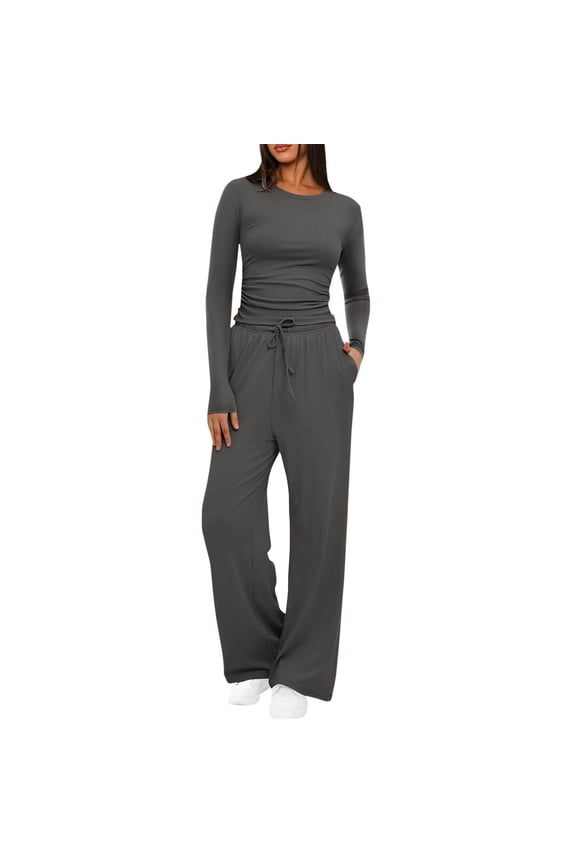 Sweatsuits for Women 2 Piece Outfit Fashion Woman Round Neck Solid Ruched Long Sleeve Blouse + Long Pants Elastic Waist Sets