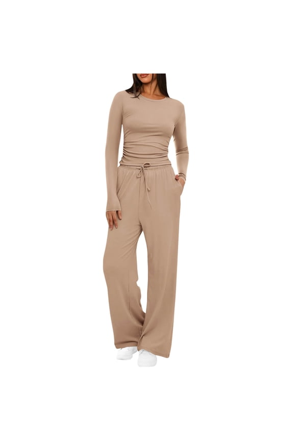 Sweatsuits for Women 2 Piece Outfit Fashion Woman Round Neck Solid Ruched Long Sleeve Blouse + Long Pants Elastic Waist Sets